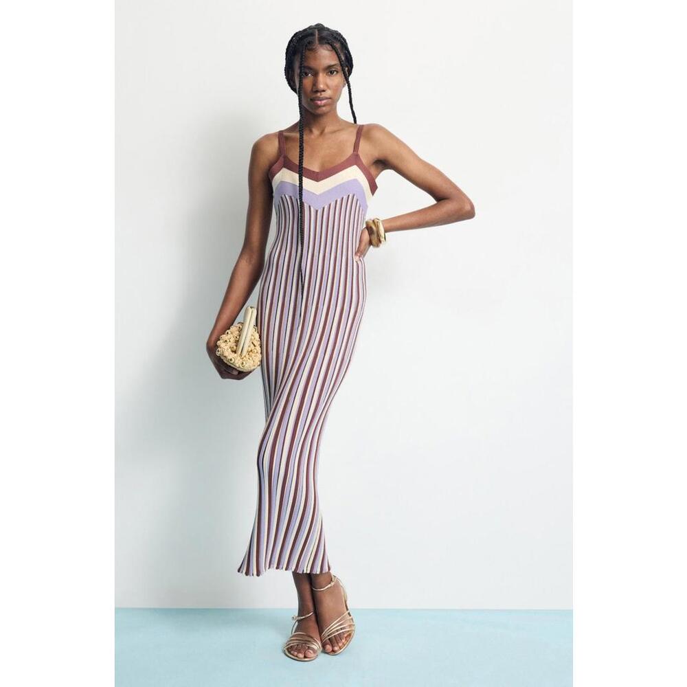 Ronny Kobo x RTR Purple Knit Multi-Stripe Knit Midi Dress Size L with Hole